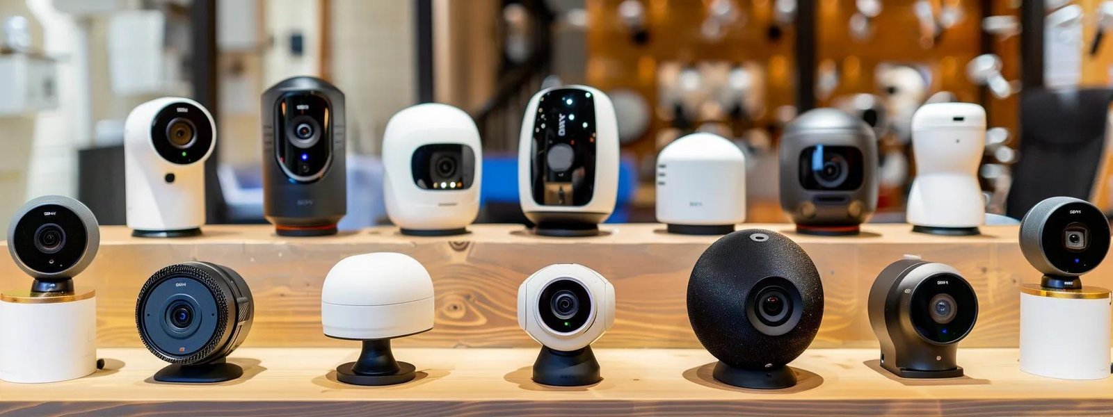 a diverse collection of sleek wireless security cameras arranged on a table, showcasing varying price tags and installation options for homeowners to consider in 2024.