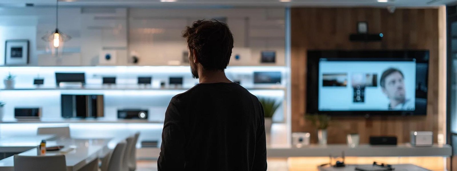 a homeowner carefully comparing different high-tech security systems in a sleek, modern showroom setting.
