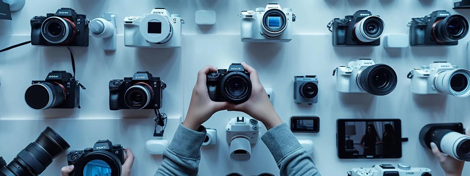 a homeowner carefully selecting a high-tech, reliable security camera system for their home, surrounded by various camera models and equipment to choose from.