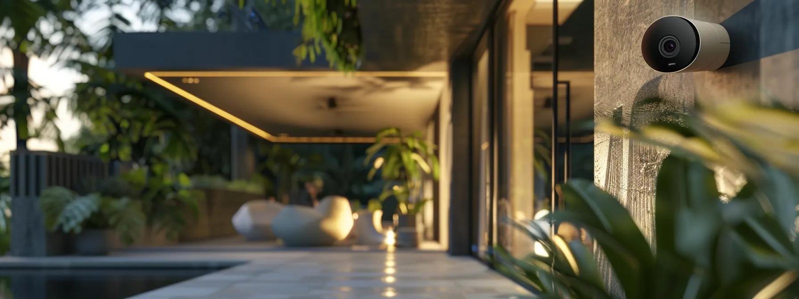 a modern home security system with sleek wireless cameras installed around a house, showcasing the blending of technology and security.