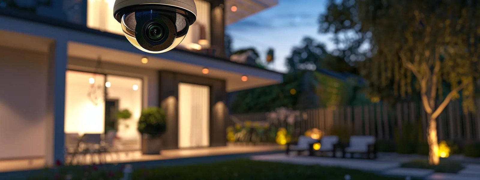 a modern security camera overlooking a well-lit backyard, capturing crisp images and offering 24/7 surveillance.