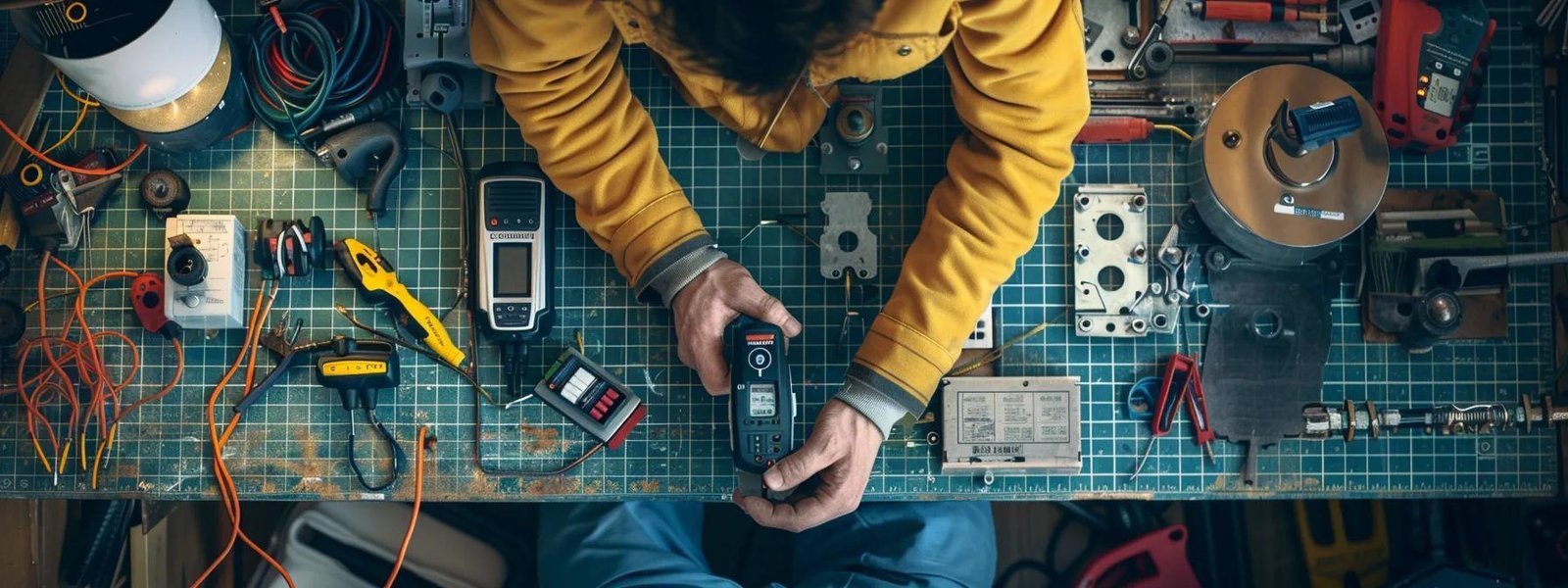 a person diligently turning off a circuit breaker with a multimeter in hand, surrounded by organized workspace and replacement parts for electrical repairs.