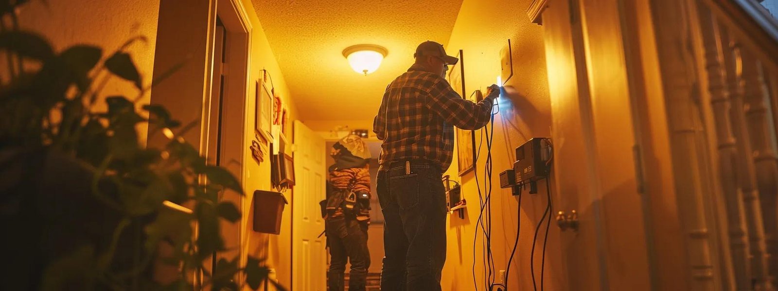 a professional installer carefully threading wires through a home's walls while a homeowner watches closely, highlighting the intricate complexity of wired security system installation.