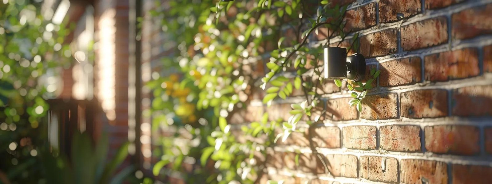 a sturdy wired security camera mounted on a brick wall, capturing crisp and detailed footage in a residential backyard setting.