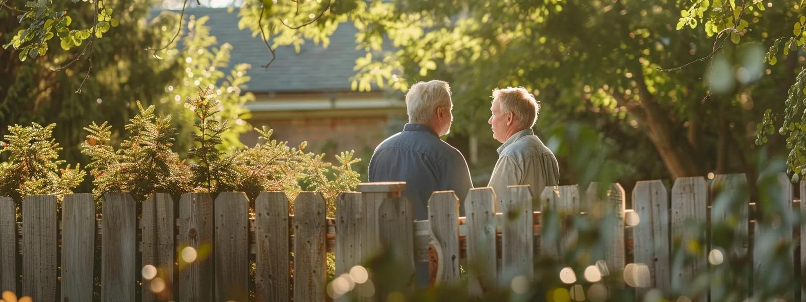a homeowner discussing security camera placement with a concerned neighbor over a wooden fence on a sunny day.