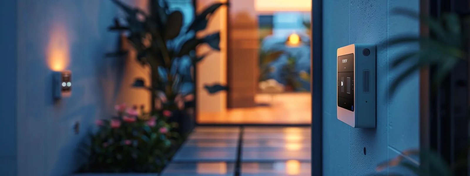a modern, high-tech home security system with sleek devices like doorbells and window sensors, showcasing energy-efficient features and advanced technology.