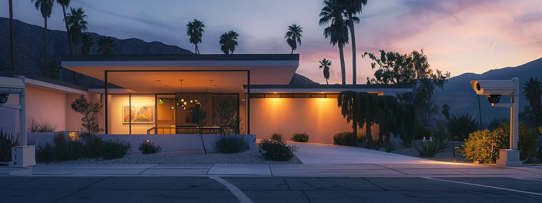a sleek, modern home exterior at dusk features an array of strategically placed outdoor security cameras, each glowing subtly with led indicators, highlighting the importance of vigilant and reliable home surveillance.