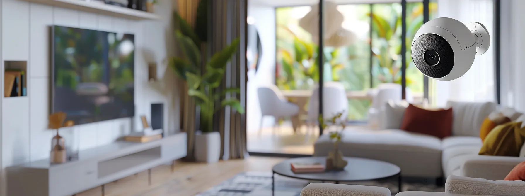 a sleek, modern living room features a prominently displayed home security camera mounted on the wall, with a stylish decor that emphasizes safety and technology.